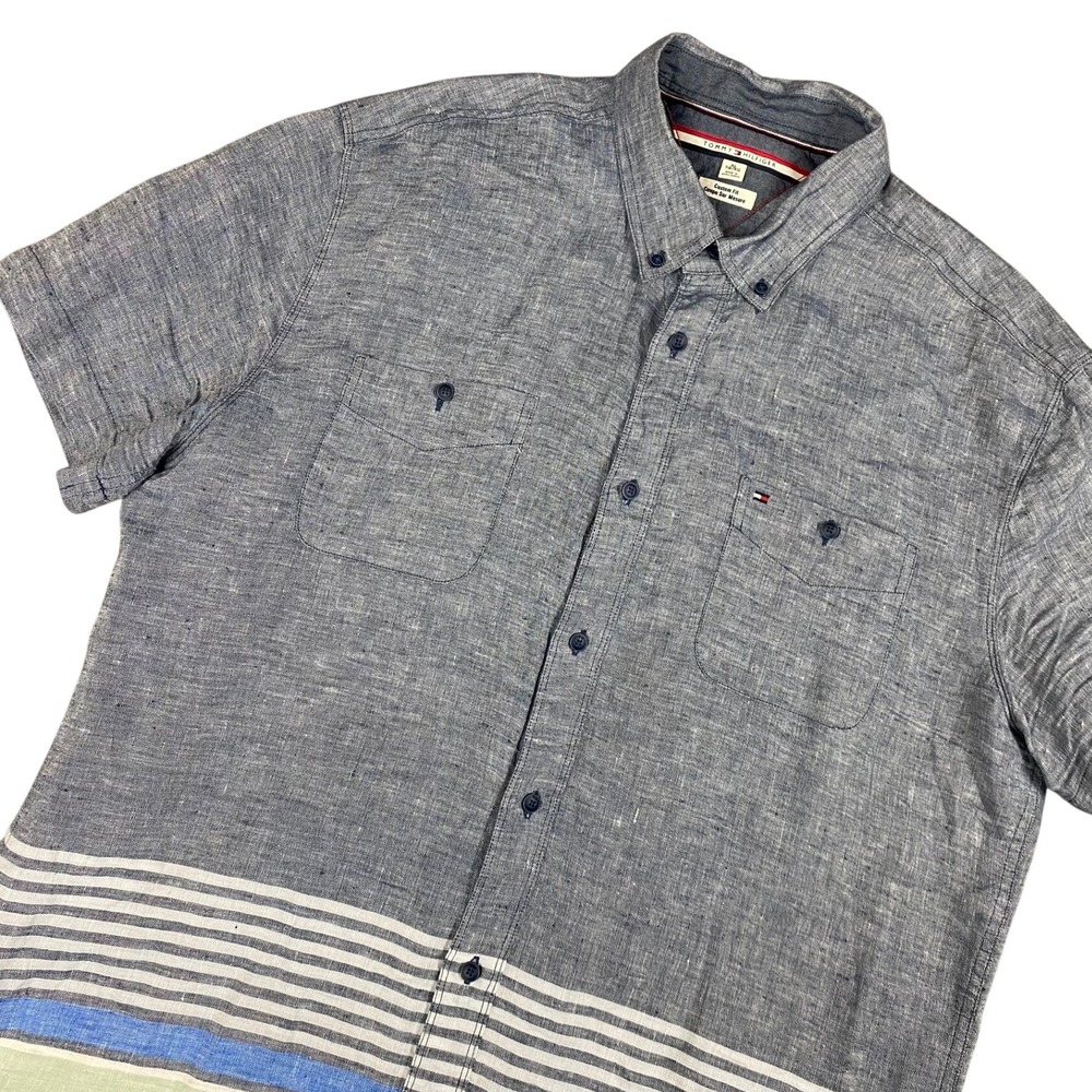 Tommy Hilfiger Men Button Down Shirt XL Blue Linen Striped Custom Fit Short Slv